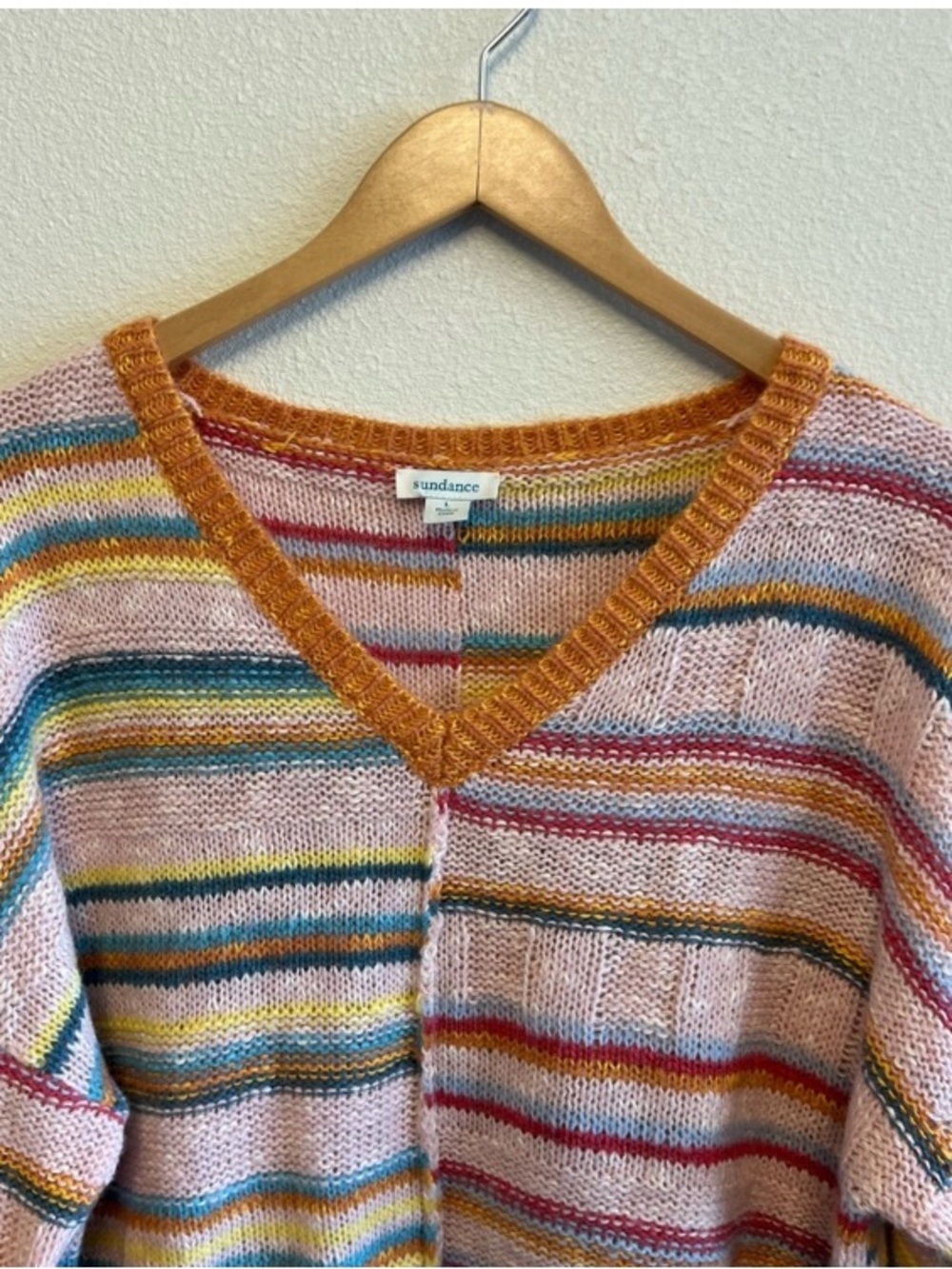 SUNDANCE Symphony Striped V-Neck Multicolor Lightweight Oversized Sweater Boho L - Picture 6 of 13